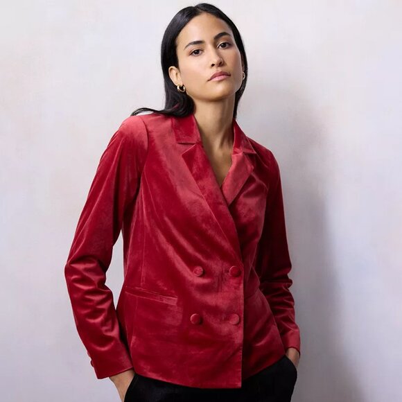 LC Lauren Conrad Women's Velvet Double Breasted Notch Collar Blazer Red Large - Picture 2 of 9